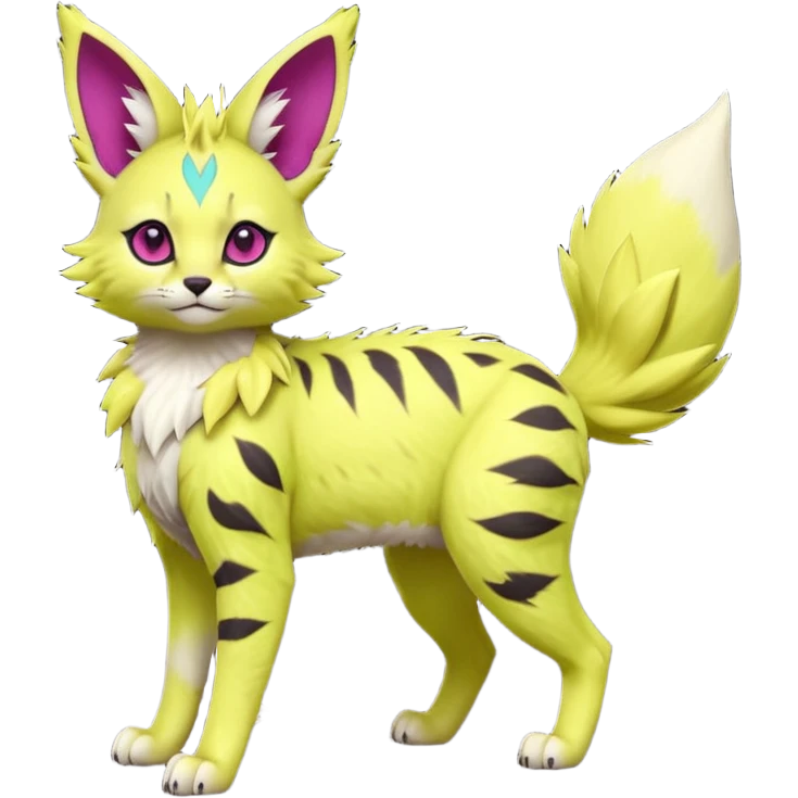 Neon-lime-green, magenta-eyed soft natural realistic romantic vintage antique divine beautiful elegant pretty precious cute young youthful  Fakémon-Pokémon-feline-Zeraora-Jolteon-serval-caracal-chinchilla-Minccino-Cinccino-Meowstic-rodent-hybrid-creature (full body) emoji
