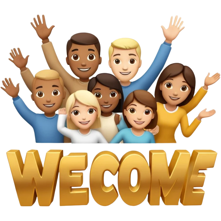 generate realistic detailed group of people with text welcome 3d style emoji
