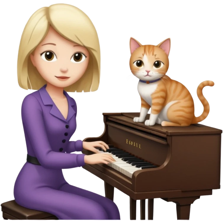 woman playing piano while her cat sits on top of the piano emoji