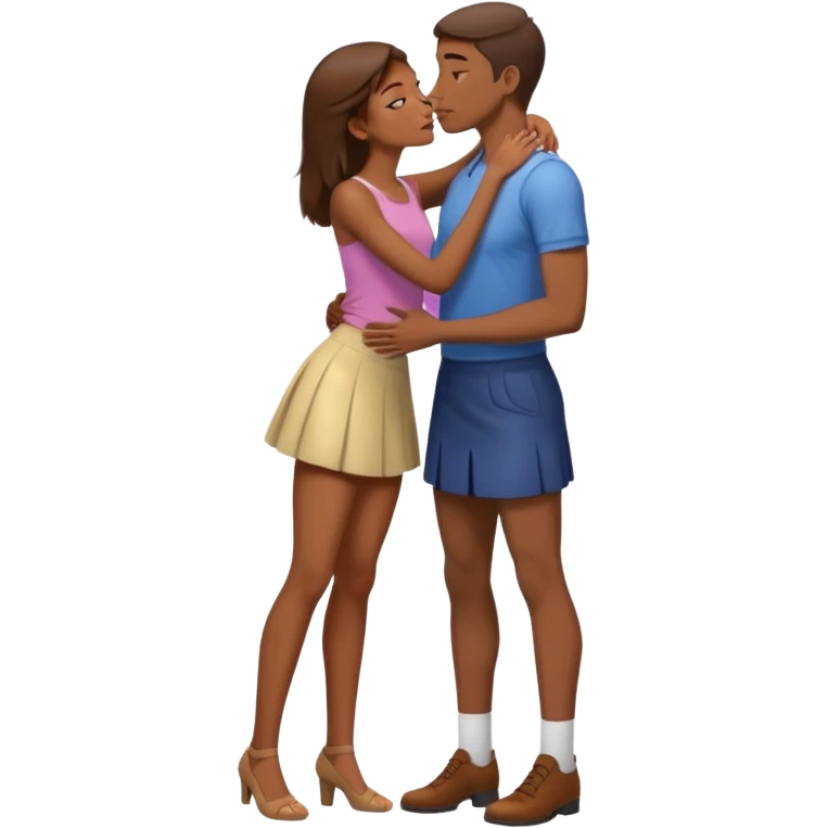 A naked girl with brown hair and bare small breasts openly kisses a tall guy with brown hair full-length on the lips. she is with naked boobs She is wearing a very short skirt and is in full height.she also all naked boobs She holds the man by the neck and has one leg raised and he holds that leg. emoji