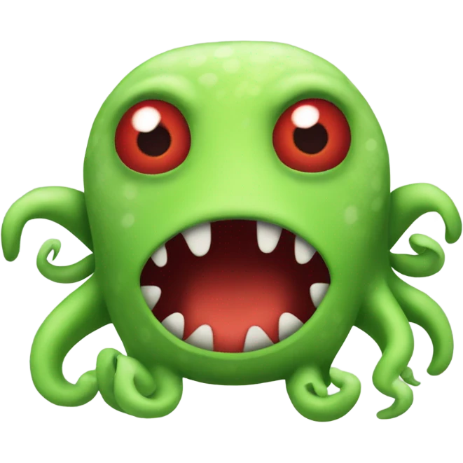 A stuffed animal of a green creature with red around his eyes and tentacles for a mouth emoji