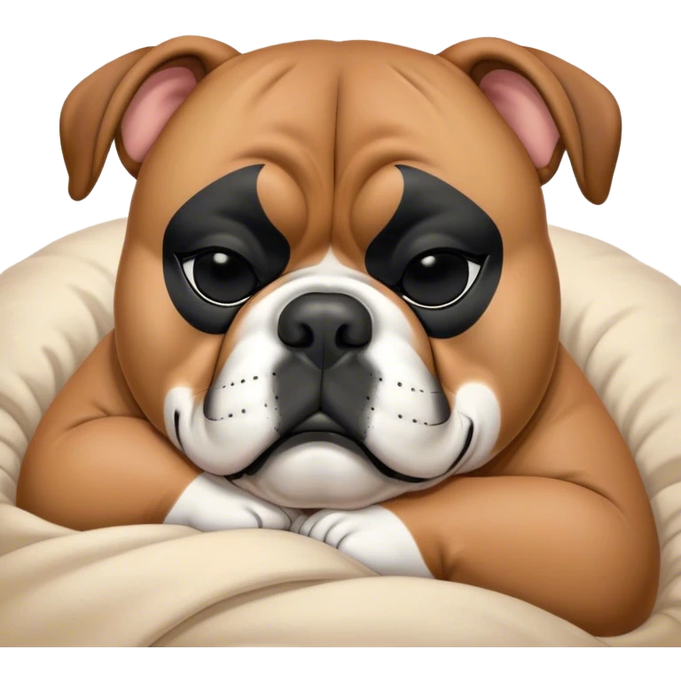 Cinematic Chubby Sleeping Boxer Portrait Emoji, Chubby and serene, with a stocky, adorable build and a smooth fawn coat accented by a distinctive black mask, eyes gently closed in peaceful slumber, Simplified yet irresistibly endearing features, highly detailed, glowing with a gentle, dreamy glow, high shine, relaxed and content, stylized with a touch of whimsy, bright and heartwarming, soft glowing outline, capturing the essence of a blissfully sleepy guardian, so comically serene it feels like it could roll out of the screen and snore with adorable charm! emoji