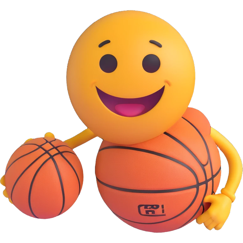 3D smiley emoji, round shape, with basketball, sporty face emoji