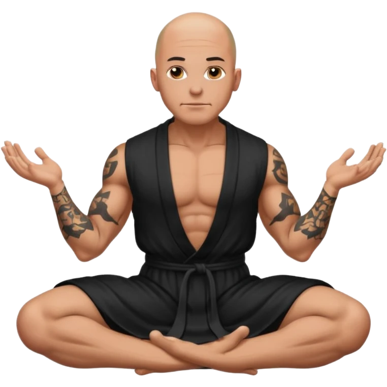 fullbody jacked bald guy, sleeveless black robe sitting hands down emoji