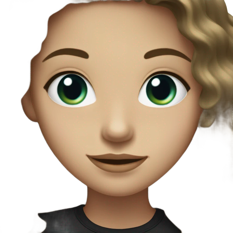 Teenage Girl wearing a black top, Long wavy Brown hair, blue-Green eyes, thick Lips and a smile  emoji