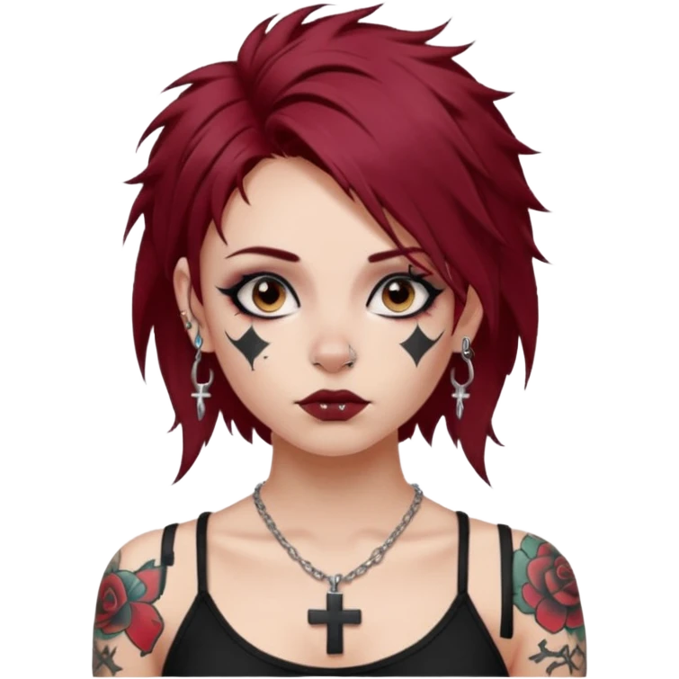 generate an ios genmoji of a girl with dark red messy hair with eyeliner on, septum piercing, wearing a cami black top, has tattoos, ear piercings, wearing a cross silver necklace emoji