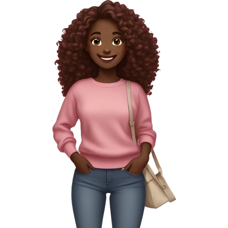 Girl smiling, dark skin, in a pink sweater, wearing white sneakers, loose curly hair, marsala hair color, brown eyes, with bags in her hands emoji