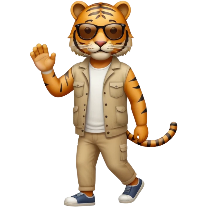 anthropomorphised tiger in casual clothes with sunglasses walking upright, relaxed pose emoji