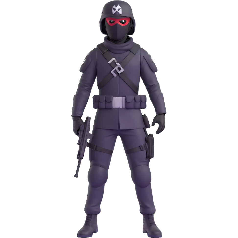 armed figure in all-black military clothing, shiesty mask, and helmet, standing in a ready pose emoji