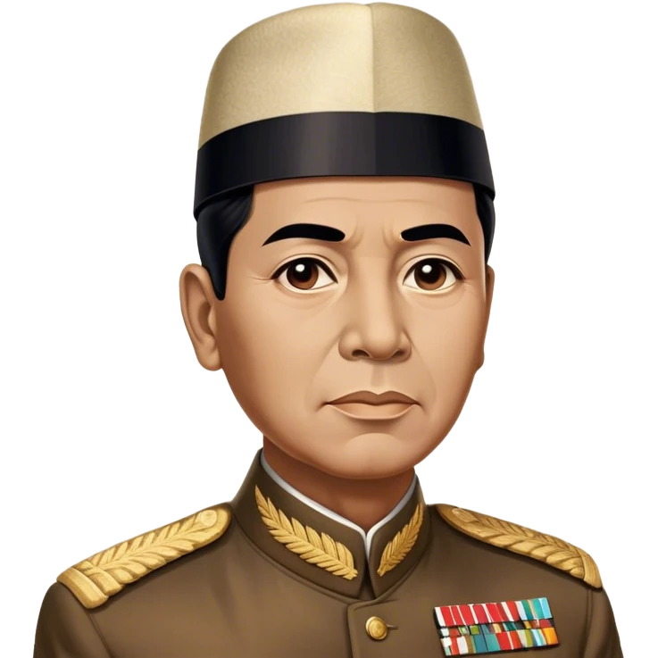 ​Cinematic Realistic Portrait of Sukarno, depicted in a lifelike, realistic style based on his iconic portrait, showcasing his thoughtful, charismatic expression in period attire, rendered with detailed textures and warm, evocative lighting that captures his pioneering spirit and national pride, emoji