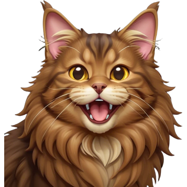 Cinematic Cute Brown Maine Coon Cat Portrait Emoji, Head tilted playfully while yawning exaggeratedly, sleek brown and black fur with a majestic mane, Simplified yet hilariously adorable features, highly detailed, glowing with a warm, confident glow, high shine, mischievous yet lazy, stylized with a touch of playful whimsy, bright and endearing with a comical, yawning expression, soft glowing outline, capturing the essence of a quirky yet loving and lazy kitty, so meme-worthy it feels like it could stretch out of the screen and demand attention in the most dramatic way! emoji