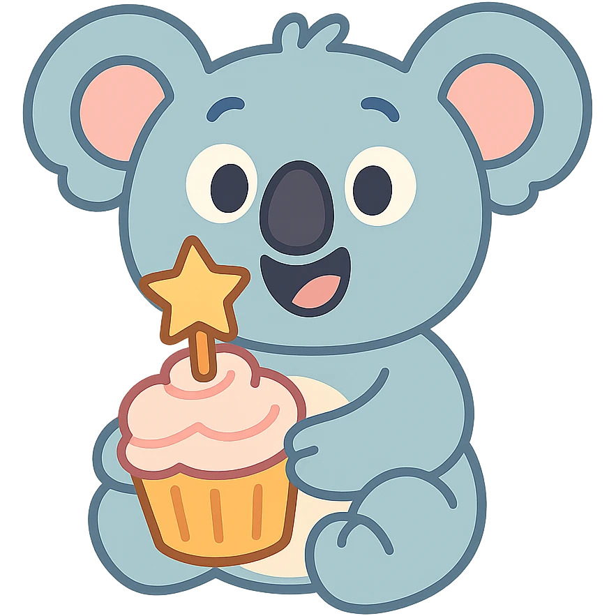 happy koala holding cupcake with 1 star candle in pastel-toon style emoji