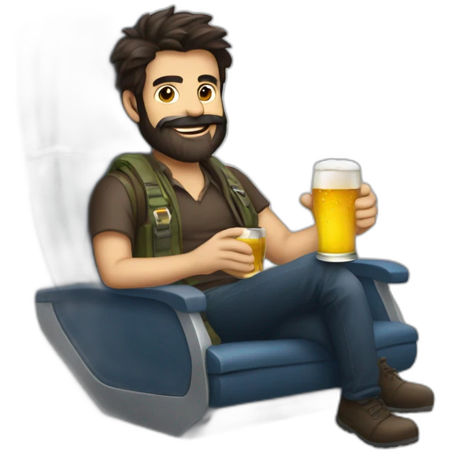 Dark hair beard man drinking beer riding a plane emoji