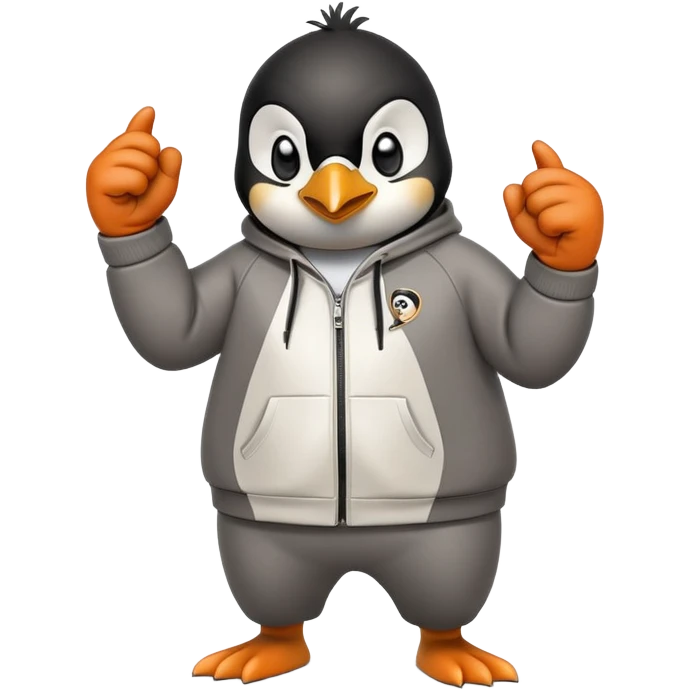 friendly anthropomorphised penguin wearing a mafia-style tracksuit, secretive scheming pose, angry expression, determined stride, holding a knuckle duster emoji