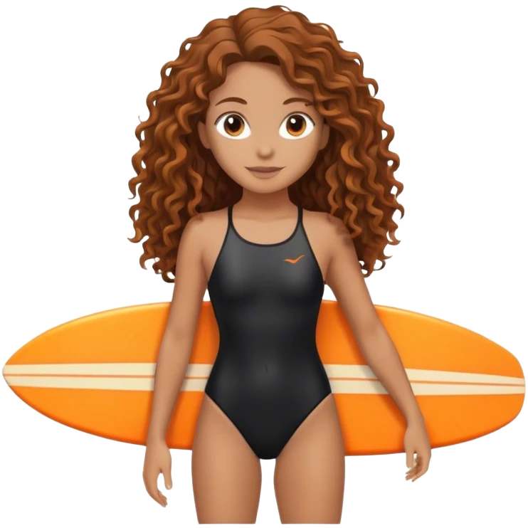 Surfer girl with black swimsuit and orange surfboard and long curly hair emoji