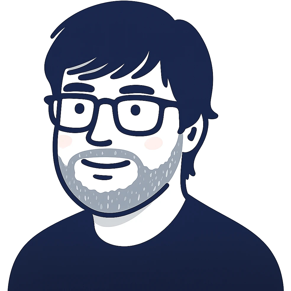 A man with stylish glasses, attractively disheveled longer hair that still looks nicely styled with perfect bangs across the forehead, a round face shape, and a broader nose. Use dark indigo blue for all primary outlines and details, very subtle pink highlights restricted to the cheeks, and gray tones used only for the beard and minimal shadow details where necessary. emoji