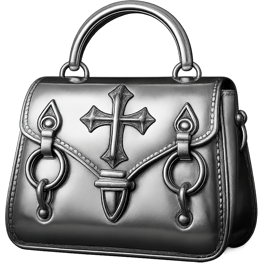 pink and black gothic purse, chrome style, metallic shine, reflective, futuristic gothic details emoji