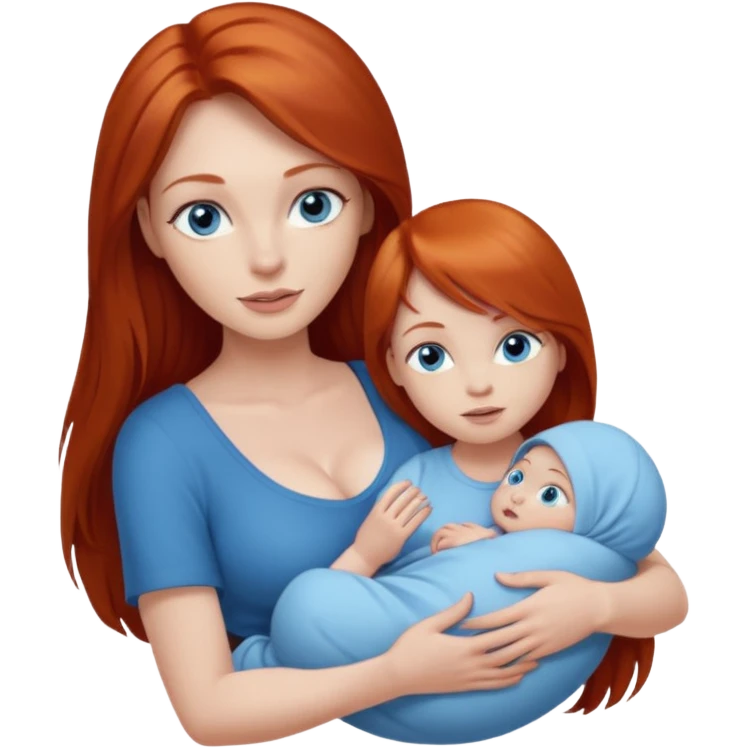 A red head with long straight hair, she has blue eyes with big boobs and a baby boy with blue eyes emoji