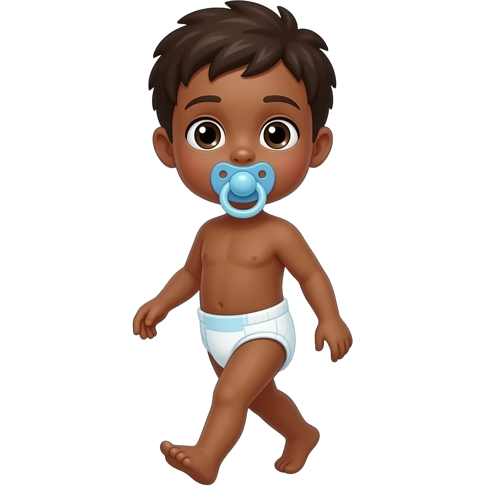 Brown-skinned brown-eyed boy walking and wearing a cloth diaper sucking on pacifier emoji
