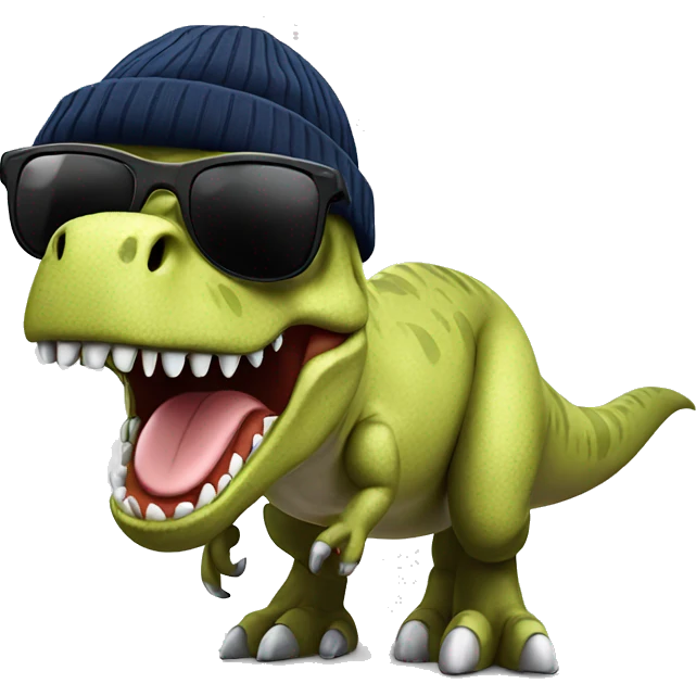 smiling t-rex with sunglasses and a beanie hat emoji
