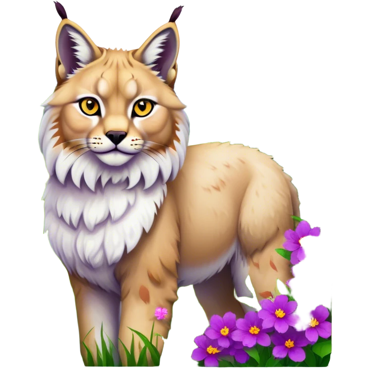 Collage of exotic animals: a lynx with striking eyes, and a fluffy alpaca standing in a lush meadow. The lynx gazes intently while the alpaca looks calm and curious. Surrounded by vibrant plants and flowers. Transparent background for a lively, colorful scene. emoji