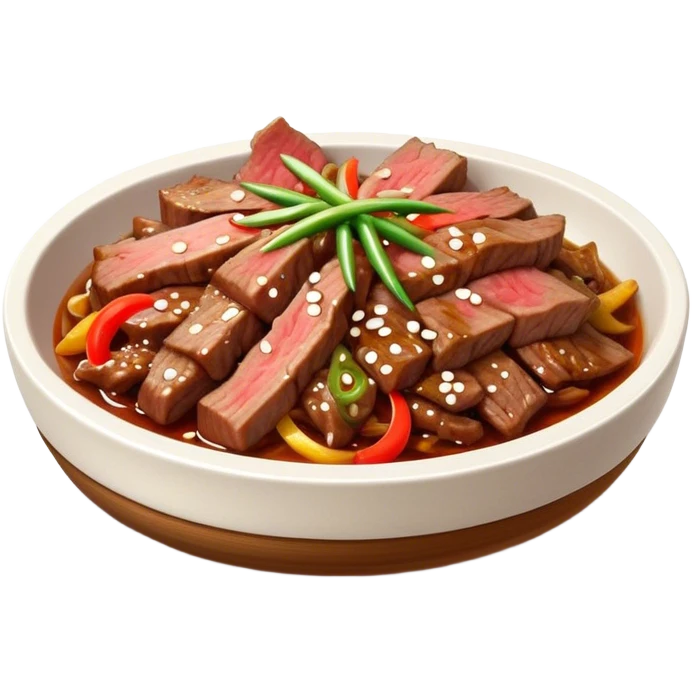 Bulgogi Cinematic Realistic Bulgogi Dish Emoji, depicted as thinly sliced, marinated beef stir-fried to perfection, rendered with dynamic textures and vibrant, appetizing lighting. emoji