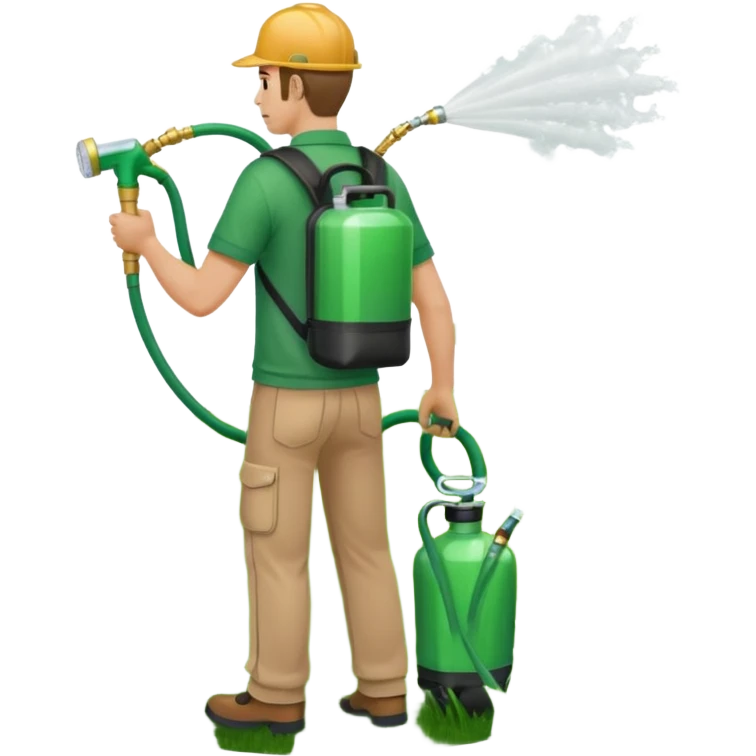 man with a emerald green shirt and tan pants on with backpack chemical sprayer on his back with the hose in his hand pointed downwards at bright green grass emoji