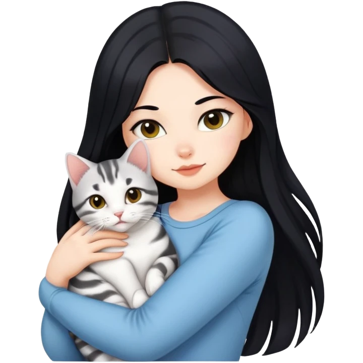 Long black hair beautiful girl wearing tightly hugging an American shorthair emoji