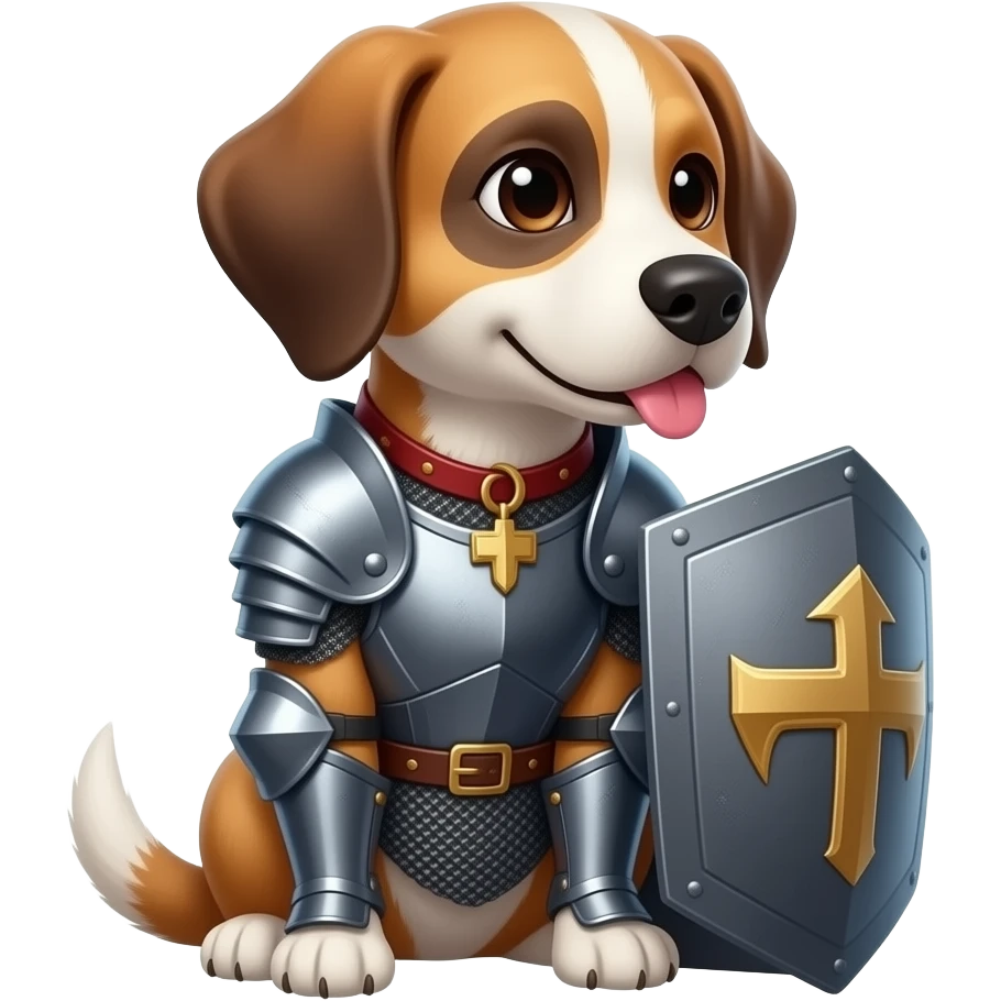 a dog wearing armor while sitting uprigh emoji