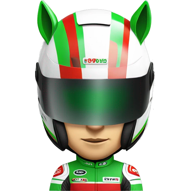 unicorn race driver with green white and red full face helmet emoji
