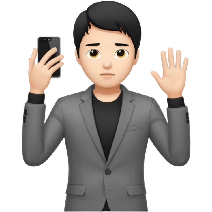 asian young man with black hair covering forehead in grey blazer and black t-shirt  emoji