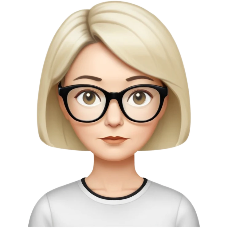 white woman about 50 years old with light warm skin, short black bob haircut to neck with slight waves at ends, neutral determined expression, large black shiny butterfly or cat-eye glasses, white casual t-shirt, calm and creative energy emoji