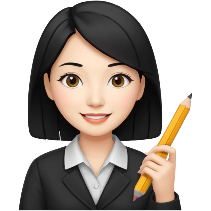 a korean cosmetics marketing expert women with black hair, holding pencil and phone emoji
