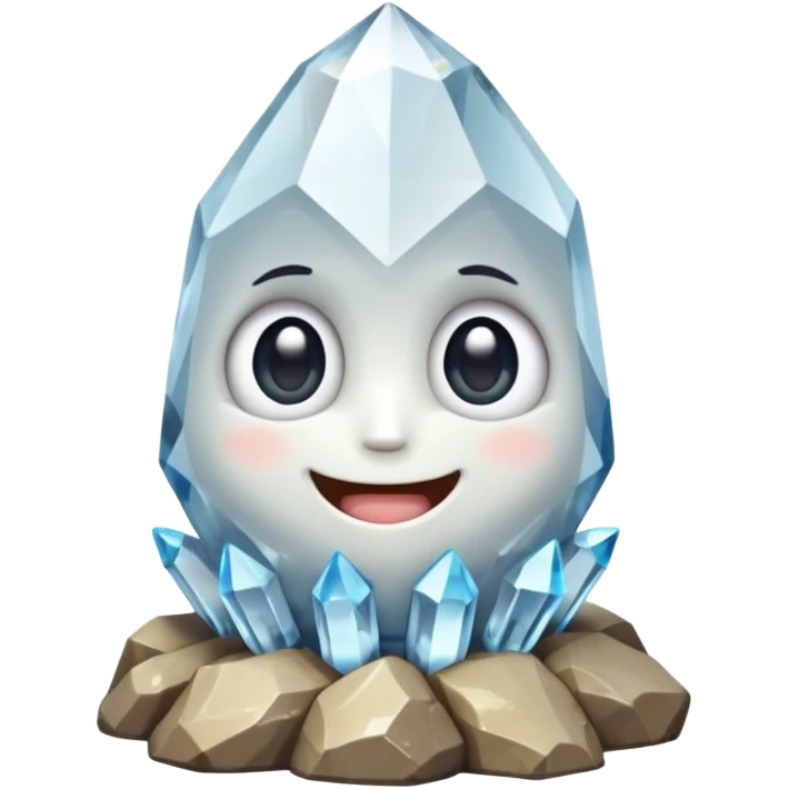 A single cute crystal rock character inspired by a clear quartz cluster, chunky round base with many tall transparent crystal spikes growing upward all around it, faceted and slightly imperfect, on the front of the base a big kawaii face with large glossy eyes and a wide happy smile emoji