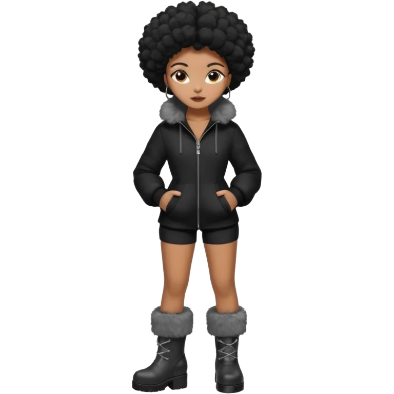 A brown skin girl that has a slim and thick body with black hair into two Afro puffs   and wears all black outfit with grey furry boots  emoji