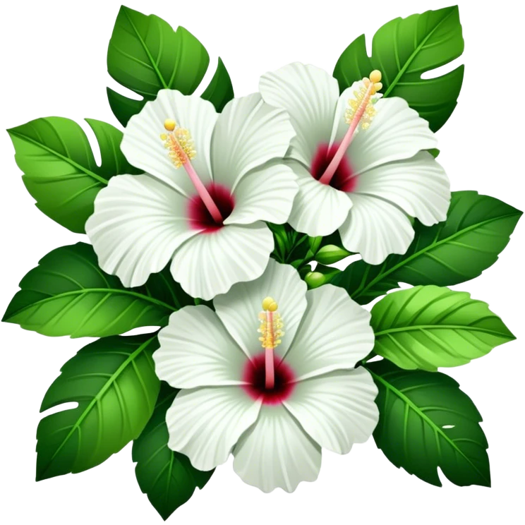 bouquet white Hawaiian hibiscus, luxuriant, stem, leaf, bud emoji