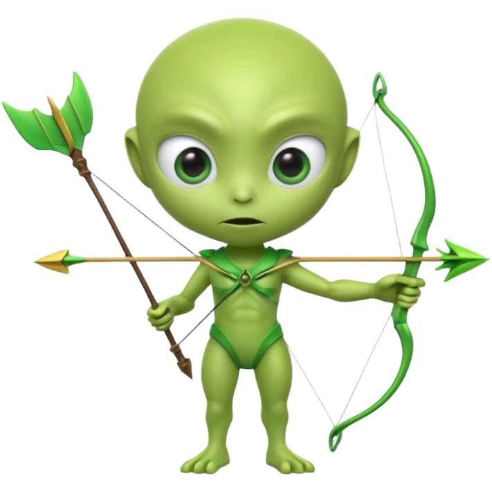 3D emoji-style green alien holding a bow and arrow, glossy texture, smooth skin, large expressive eyes, small humanoid body, minimalist background, soft lighting, Pixar-style rendering, high detail, cute but slightly serious expression, clean centered composition. emoji