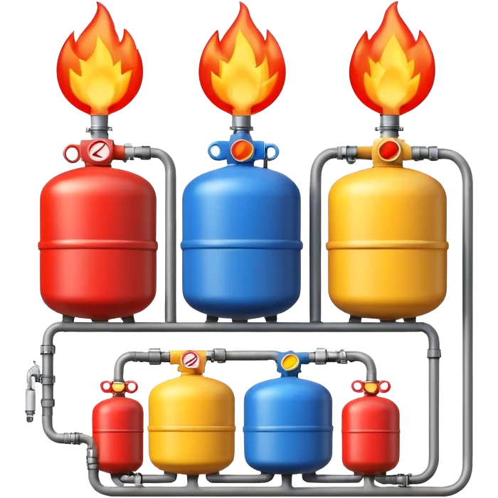 gas distribution station emoji style with multiple colored gas tanks and a safety sign emoji