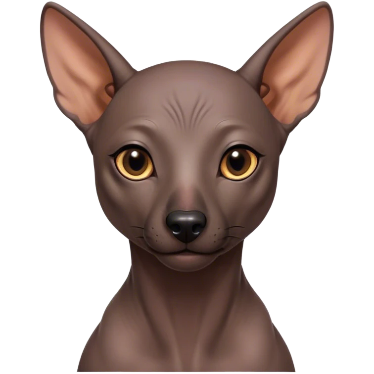 Cinematic Noble Xoloitzcuintle Portrait Emoji, Poised and regal, with a sleek, muscular build and smooth, hairless ebony skin accented by subtle wrinkles, deep-set soulful dark eyes, Simplified yet sharp and sophisticated features, highly detailed, glowing with a soft, dignified glow, high shine, intelligent and loyal, stylized with an air of ancient grace, focused and attentive, soft glowing outline, capturing the essence of a watchful and confident guardian, so majestic it feels as though it could stride out of the screen with effortless authority! emoji