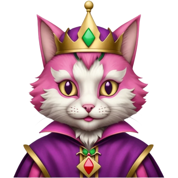 court jester cat medieval, single poker card joker clearly visible, pink, face only enclosed in a medieval badge  emoji