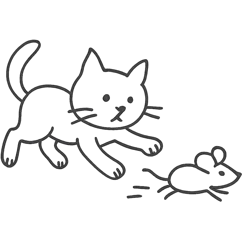 hand drawn outlined cat chasing a mouse icon emoji