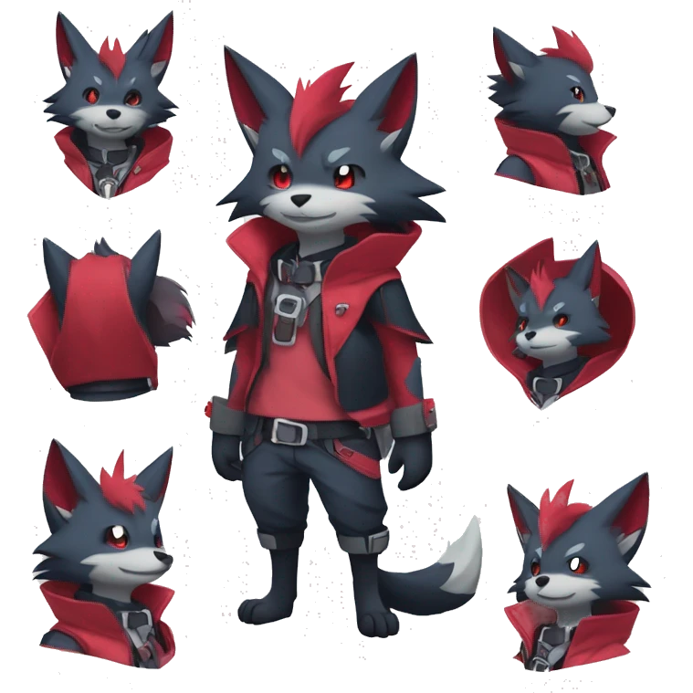 Kawaii Cool Edgy Zorua-Zangoose-Zoroark-Mightyena with a collar and harness full body emoji