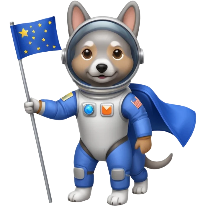 a gray dog in space suit, holding blue rectangle flag, full body, front view emoji