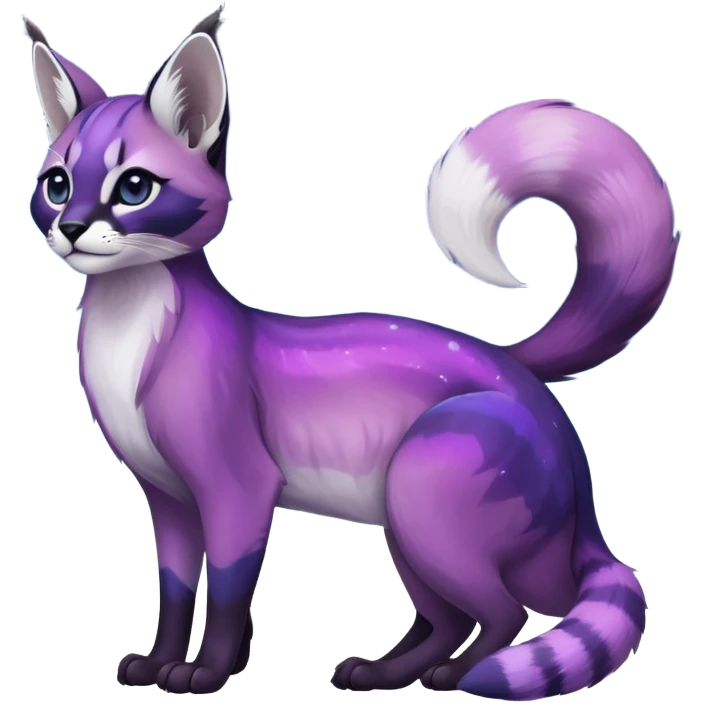 Colorful black-violet-indigo-purple-gradients nebulae nebula starry galactical shiny tropical pale light fruity pastel white glorious iridescent divine exotic cute cool beautiful realistic antasy-caracal-civet-genet-sergal-vernid-Cacomistle-Trico-oncilla-animal-Fakémon-hybrid-fursona (full body) emoji