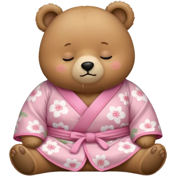 A cute chubby light-brown bear wearing a pastel pink sakura-patterned kimono, tiny body and big round head, adorable simple face, sleepy half-closed eyes, small blush on cheeks, sitting while dozing off, tiny “zzz” floating above the head emoji