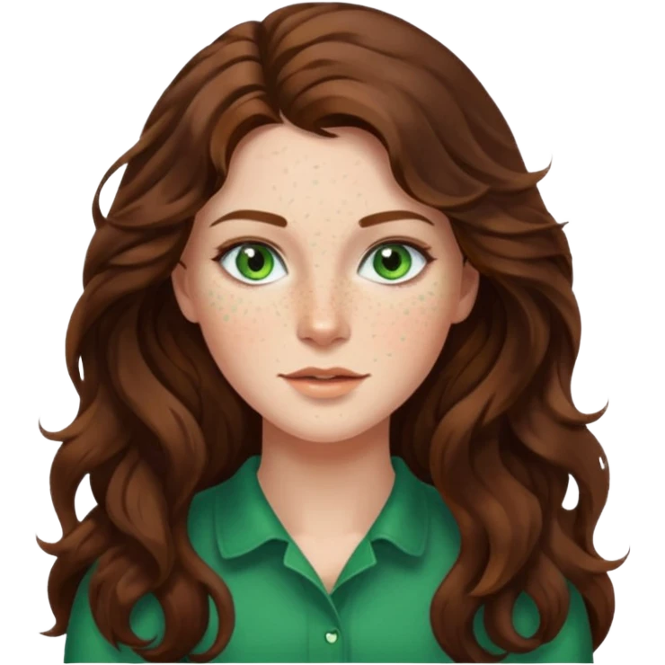 Brunette long wavy hair, freckles, and green eyes emoji