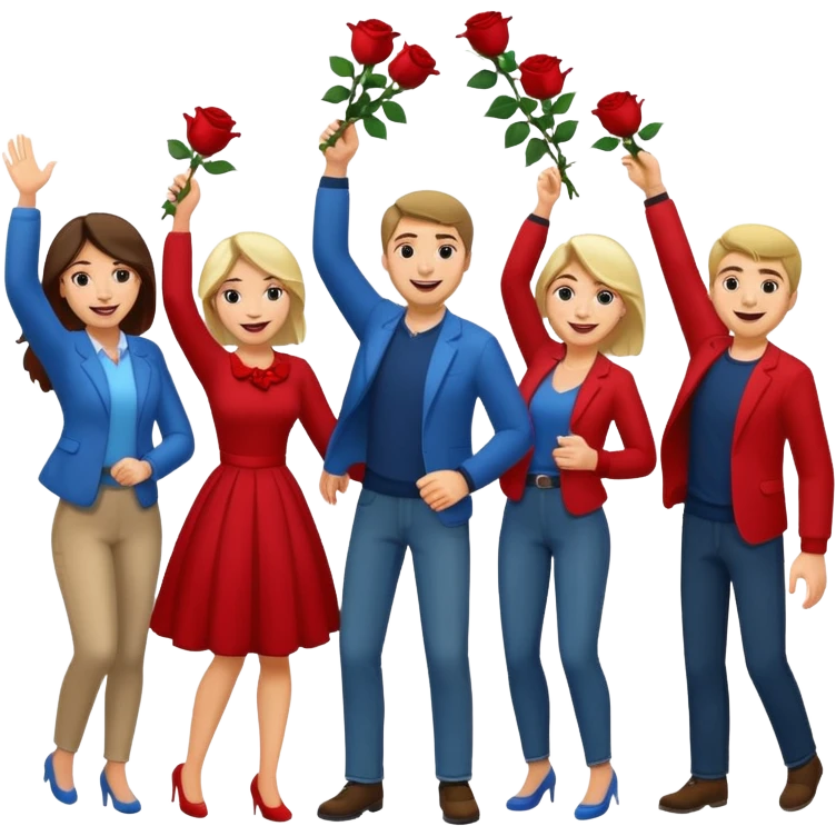 Adult Family, Caucasian men and women casually dressed, throwing roses congratulations  emoji
