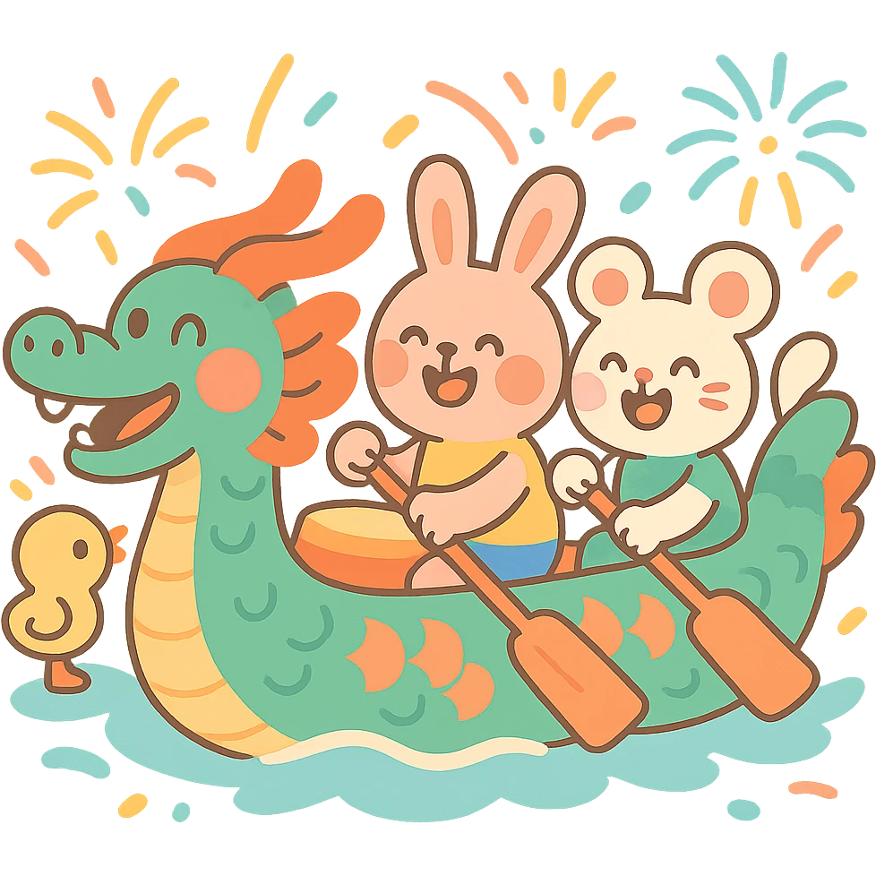 chubby dragon boat with cute animal rowers paddling joyfully, pastel-toon style, festive background emoji