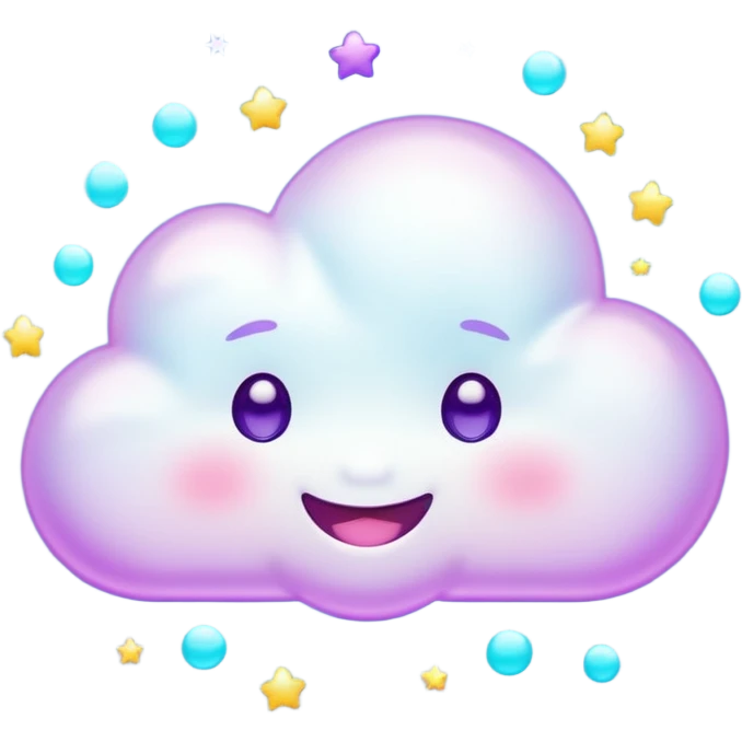 A tiny kawaii cloud emoji with a cheeky smile and wink, soft neon glow in purple/cyan, little sparkles floating, playful delulu vibe. emoji