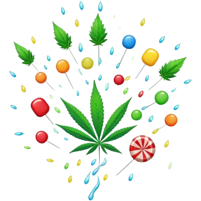 colorful candy raining down with green cannabis leaf in the center emoji